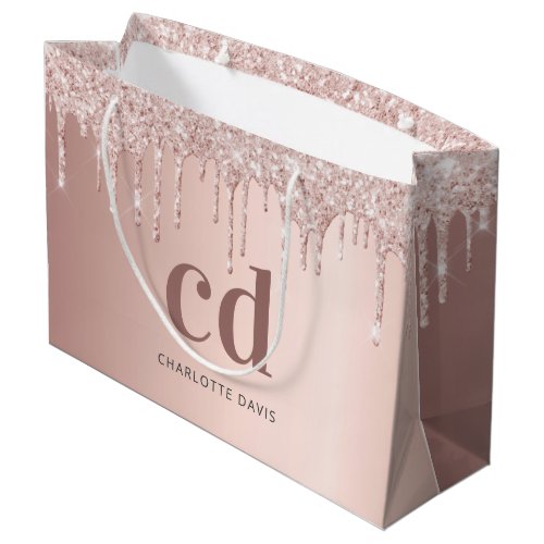Rose gold glitter drips pink monogram birthday large gift bag