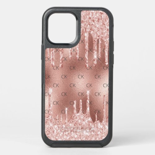 Rose gold glitter drips pink monogram initials OtterBox symmetry iPhone 12 case