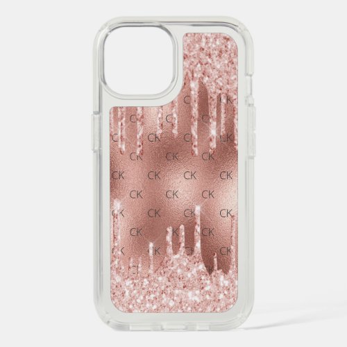 Rose gold glitter drips pink monogram initials iPhone 15 case