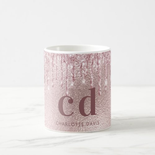 Rose gold glitter drips pink monogram name coffee mug