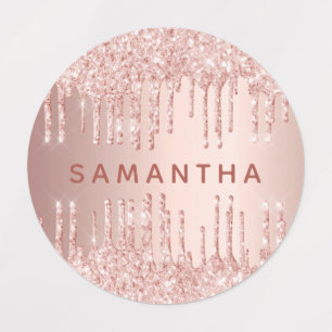 Rose gold glitter drips pink monogram name labels