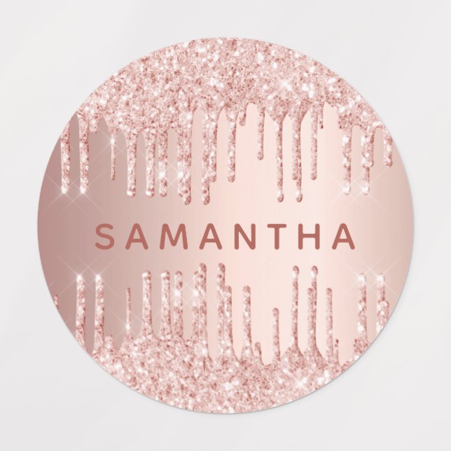 Rose gold glitter drips pink monogram name  labels (Design 1)