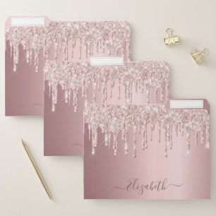 Rose gold glitter drips pink monogram school file folder