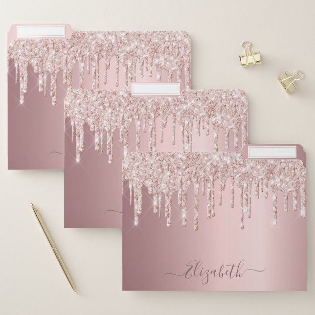 Rose gold glitter drips pink monogram school file folder (Set)
