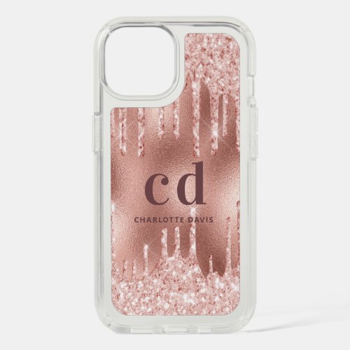 Rose gold glitter drips pink monogram iPhone 15 case