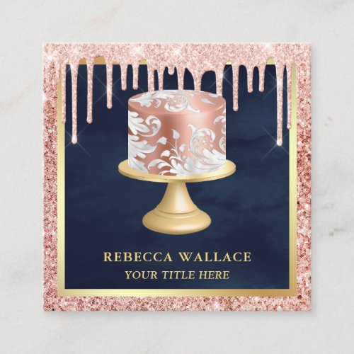 Rose Gold Glitter Drips Pink Ornate Cake Bakery Square Business Card