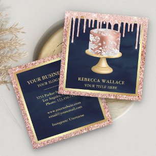 Rose Gold Glitter Drips Pink Ornate Cake Bakery Square Business Card