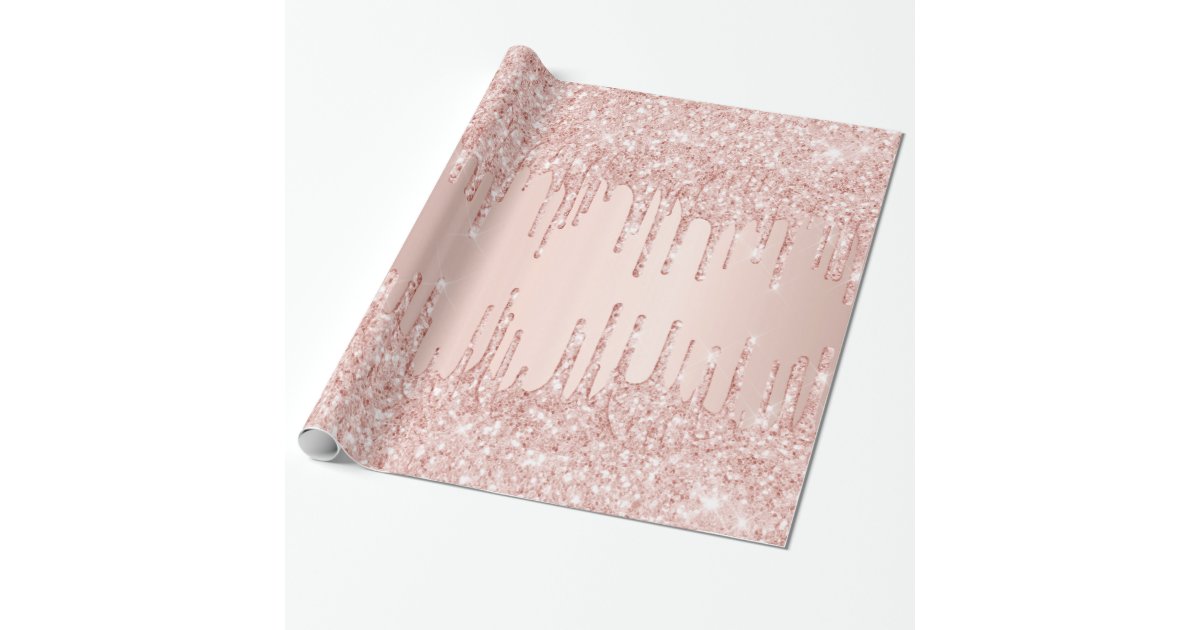 Rose gold glitter drips pink sparkle glam girly wrapping paper, Zazzle