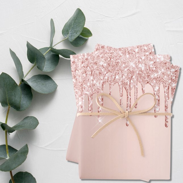 Rose gold glitter drips pink sparkle glam girly wrapping paper sheets (Creator Uploaded)