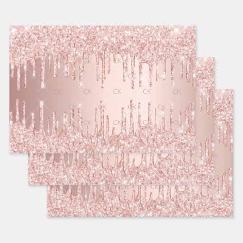 Rose gold glitter drips pink sparkle glam monogram wrapping paper sheets