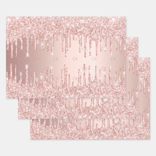 Rose gold glitter drips pink sparkle glam monogram wrapping paper sheets (Set)