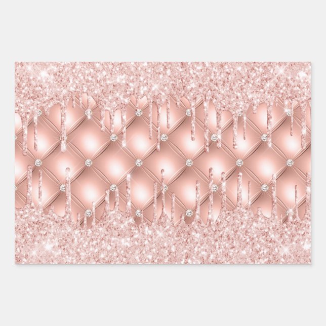 Rose gold glitter drips pink sparkle luxury wrapping paper sheets (Front)