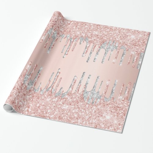 Rose gold glitter drips pink sparkle silver glam wrapping paper