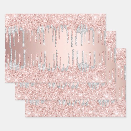 Rose gold glitter drips pink sparkle silver glam wrapping paper sheets