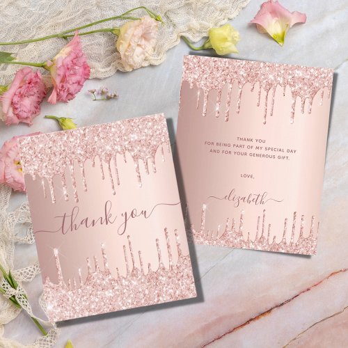 Rose gold glitter drips pink thank you card