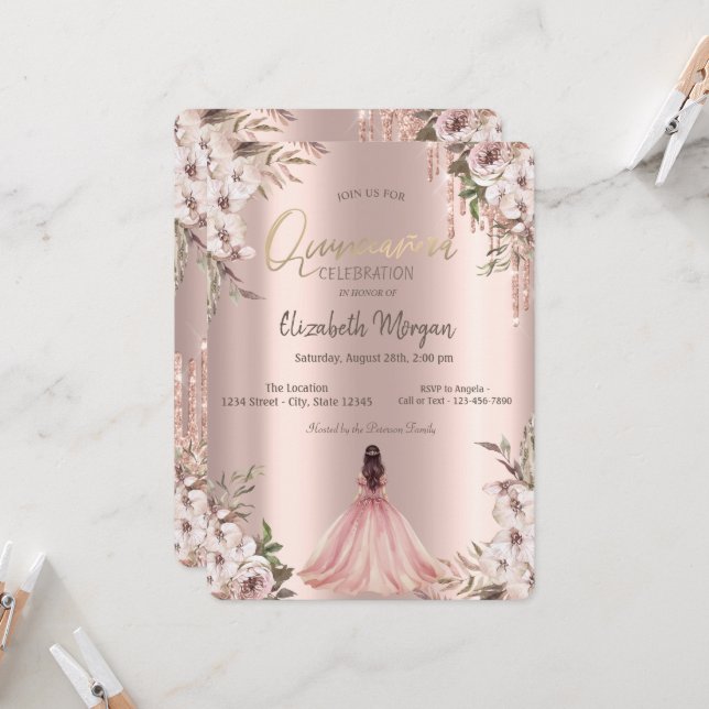 Rose Gold Glitter Drips Princess Dress Flowers  Invitation (Front/Back In Situ)
