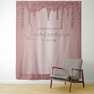 Rose Gold Glitter Drips Quinceanera Backdrop