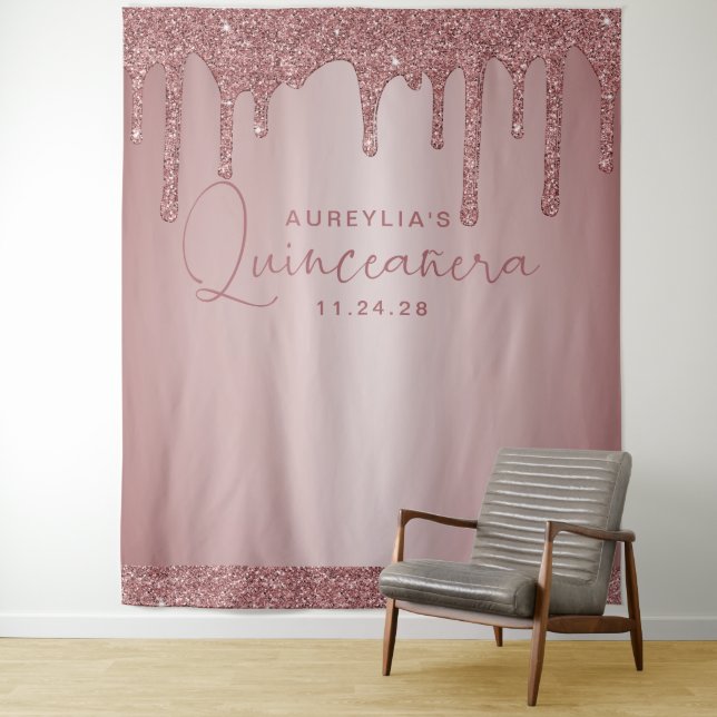 Rose Gold Glitter Drips Quinceanera Backdrop (In Situ)