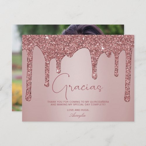 Rose Gold Glitter Drips Quinceanera Gracias Thank You Card