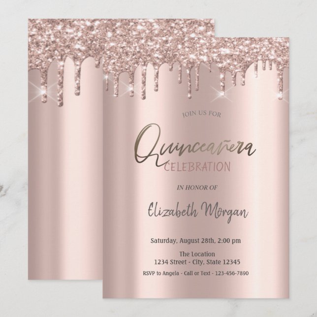 Rose Gold Glitter Drips Quinceanera Invitation (Front/Back)
