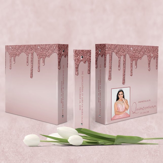 Rose Gold Glitter Drips Quinceanera Photo Album 3 Ring Binder (Creator Uploaded)