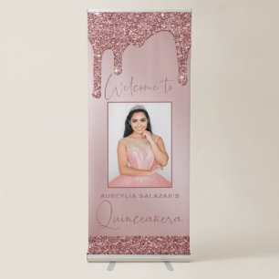 Rose Gold Glitter Drips Quinceanera Photo Welcome Retractable Banner