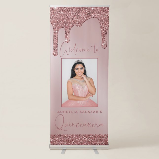 Rose Gold Glitter Drips Quinceanera Photo Welcome Retractable Banner (Front)