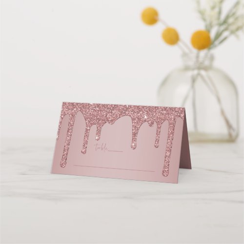 Rose Gold Glitter Drips Quinceanera Table Place Card
