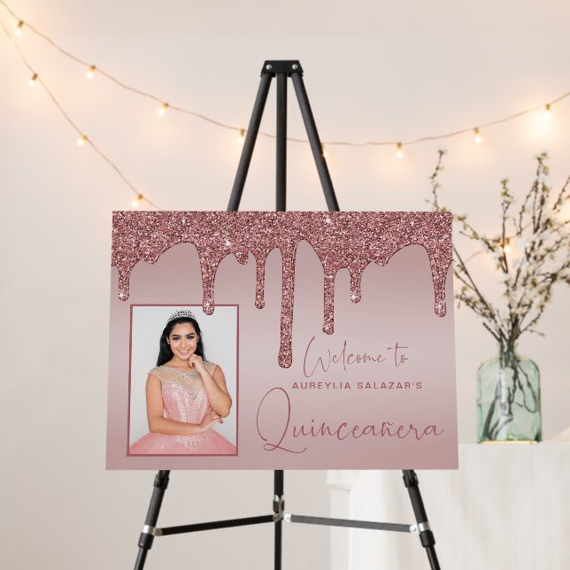 Rose Gold Glitter Drips Quinceanera Welcome Foam Board (In Situ (Stand))