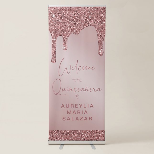 Rose Gold Glitter Drips Quinceanera Welcome Retractable Banner (Front)