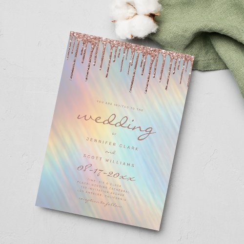 Rose Gold Glitter Drips Rainbow Holograph Wedding Invitation