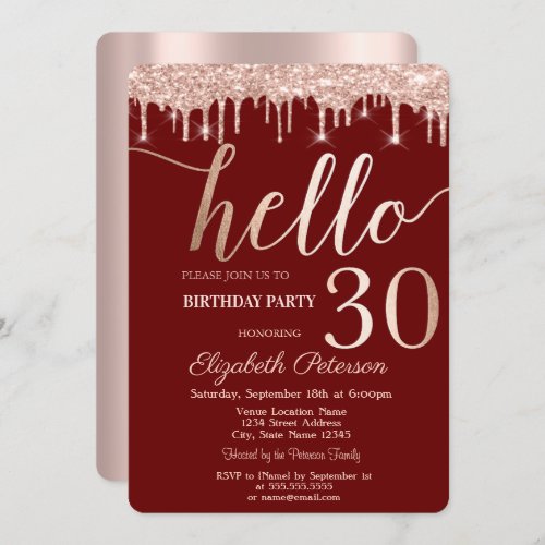 Rose Gold Glitter Drips Red 30th Birthday Party   Invitation