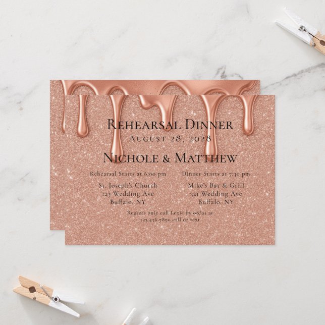 Rose Gold Glitter & Drips Rehearsal Dinner Invitation (Front/Back In Situ)