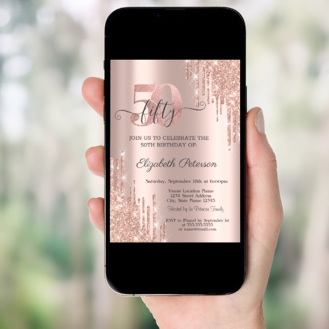 Rose Gold Glitter Drips Rose Gold 50th Birthday  Invitation (Front Digital)