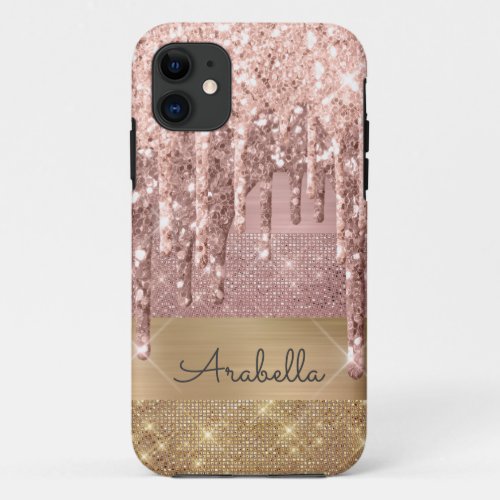 Rose Gold Glitter Drips Rose Gold and Gold Stripes iPhone 11 Case