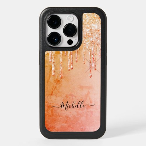Rose gold glitter drips rustic name OtterBox iPhone 14 pro case