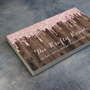Rose Gold Glitter Drips Rustic Wood Antique Craft Business Card