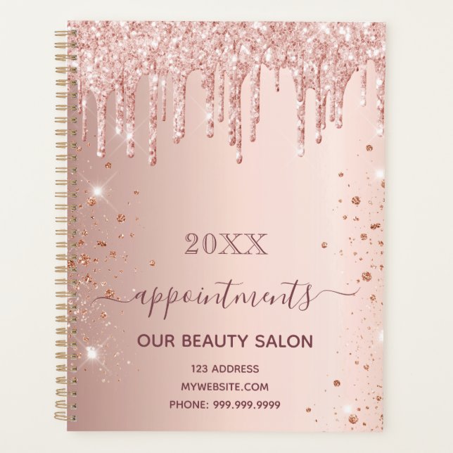 Rose gold glitter drips salon appointments 2026 planner (Front)