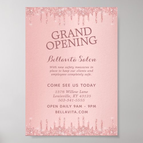 Rose Gold Glitter Drips Salon Grand Opening Covid Poster