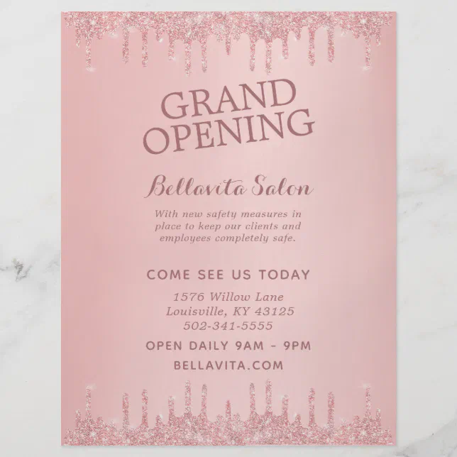 Rose Gold Glitter Drips Salon Grand Opening Flyer | Zazzle
