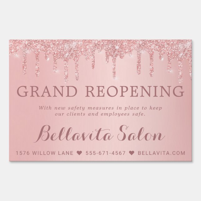 Rose Gold Glitter Drips Salon Grand Opening Sign (Front)