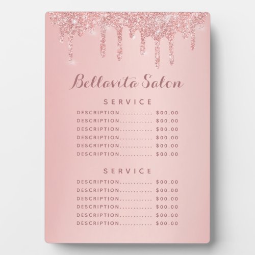 Custom Price Menus 6 Rose Gold Glitter Drips Salon Price Menu Plaque