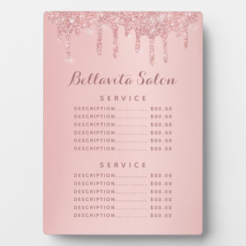 Rose Gold Glitter Drips Salon Price Menu Plaque