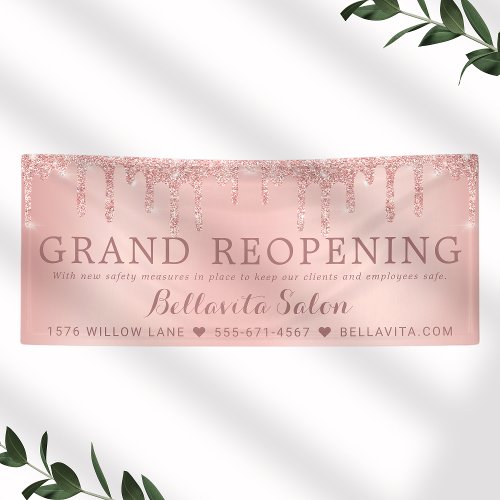 Rose Gold Glitter Drips Salon Reopening Covid Safe Banner