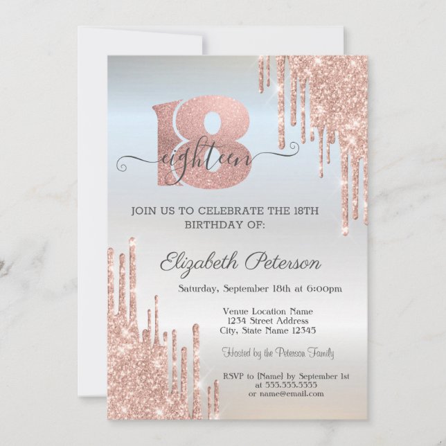  Rose Gold Glitter Drips Silver 18th Birthday  Invitation (Front)