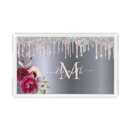 Rose gold glitter drips silver florals monogram acrylic tray