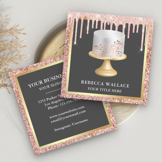 Rose Gold Glitter Drips Silver Leaves Cake Bakery Square Business Card (Creator Uploaded)