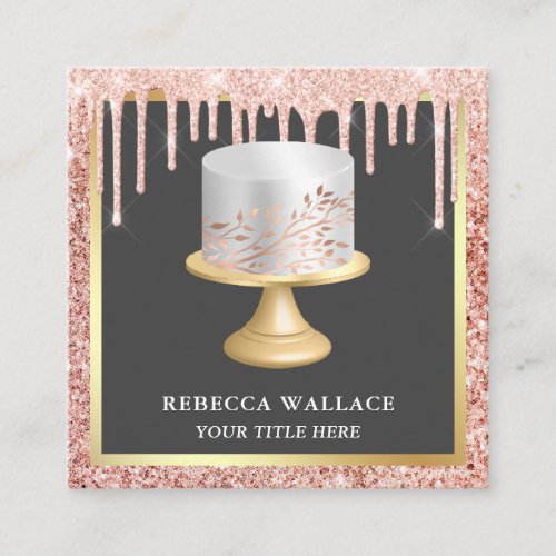 Rose Gold Glitter Drips Silver Leaves Cake Bakery Square Business Card