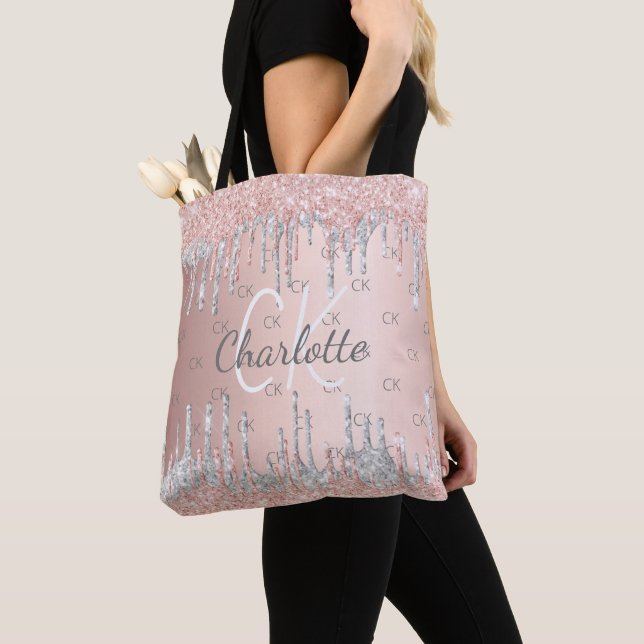 Rose gold glitter drips silver monogram elegant tote bag (Close Up)