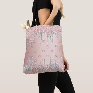 Rose gold glitter drips silver monogram elegant  tote bag